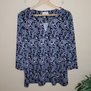 Stitch Fix Magnolia Grace Navy Blue White Paisley Print 3/4 Sleeve Top Size XL
